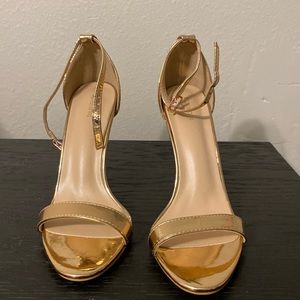 Bronze square open toe strappy heels